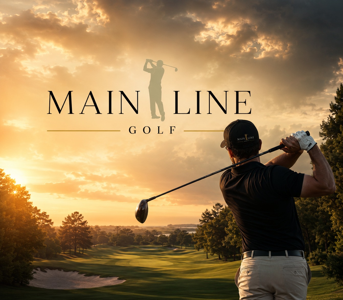 Golfer swinging at sunset with the Mainline Golf brand