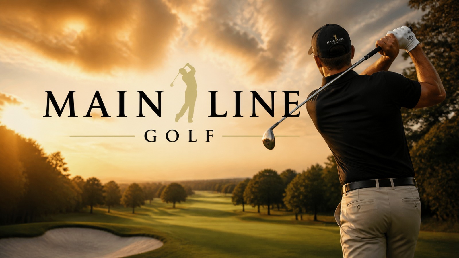 Golfer swinging at sunset with the Mainline Golf brand